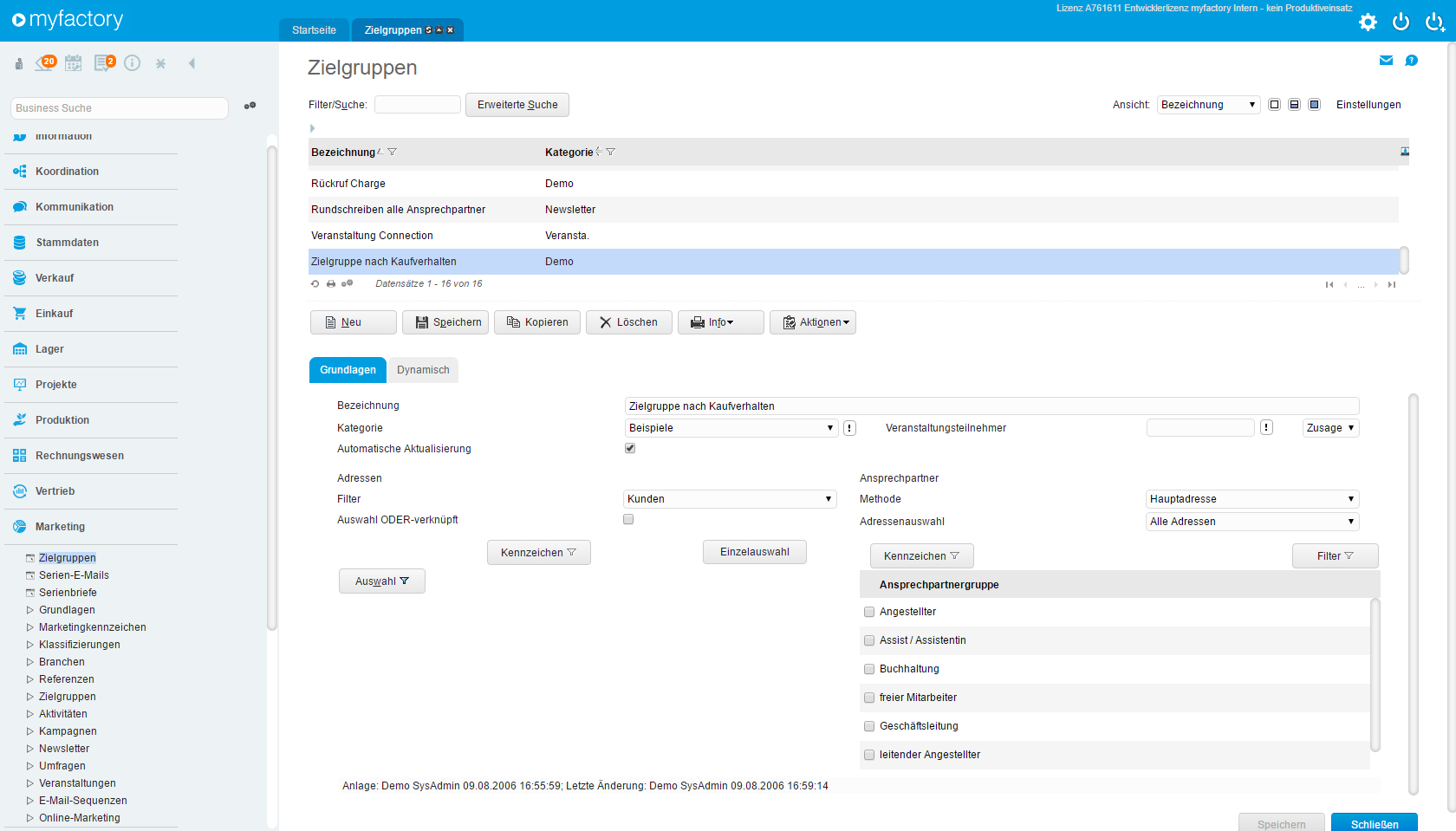 myFactory.CRM Zielgruppen fürs Marketing