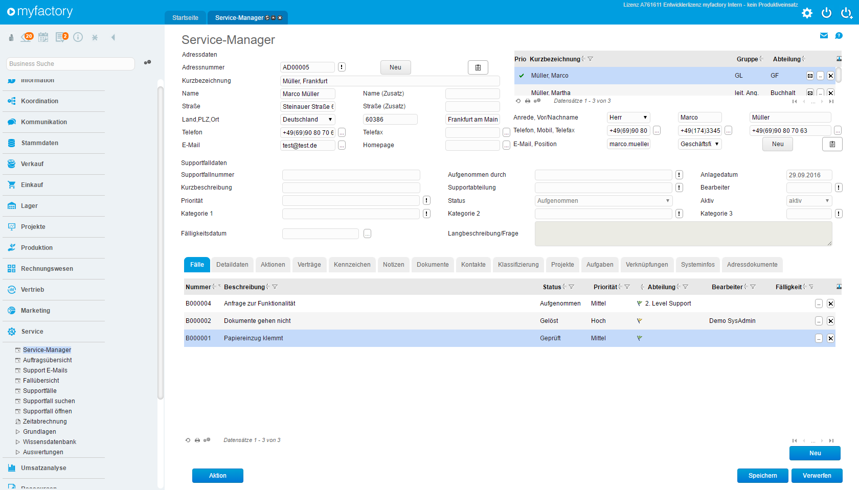 myFactory.CRM Service Manager. Dank der übersichtlichen Maske geht kein Servicefall verloren